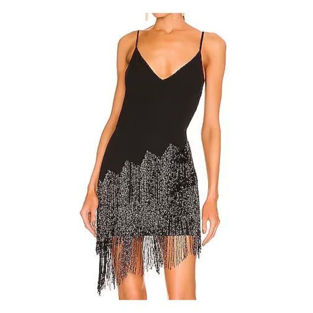 NWT NBD Revolve Annika Beaded Fringe Black Asymmetrical Mini Dress Size XXS